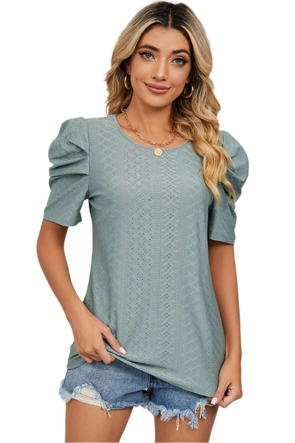 Women Top, Eyelet Round Neck Puff Sleeve T-Shirt, women tops sewing patterns, Gift for her - MaribelaShop2