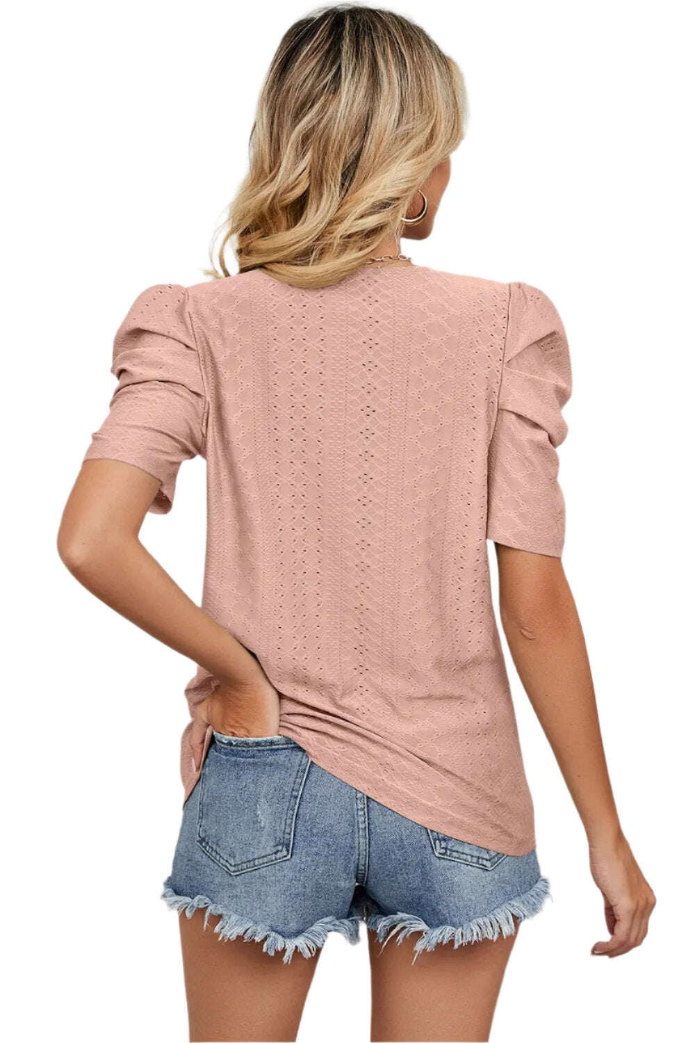 Women Top, Eyelet Round Neck Puff Sleeve T-Shirt, women tops sewing patterns, Gift for her - MaribelaShop2