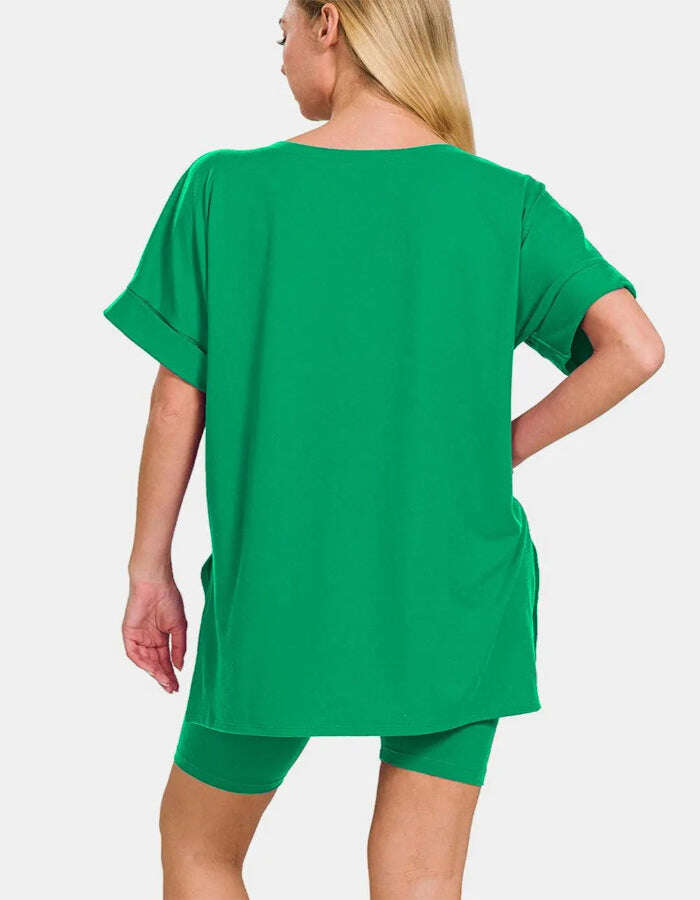 Zenana V-Neck Short Sleeve T-Shirt and Biker Shorts Set - MaribelaShop2