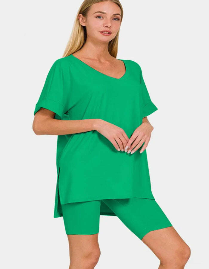 Zenana V-Neck Short Sleeve T-Shirt and Biker Shorts Set - MaribelaShop2