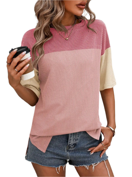 Women Top Color Block Round Neck Half Sleeve T-Shirt - MaribelaShop2