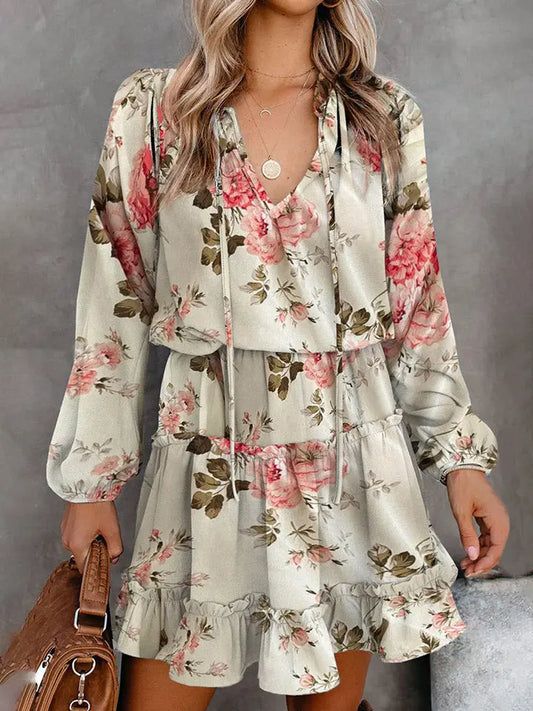 Women Printed Tie Neck Long Sleeve Dress Floral - MaribelaShop2