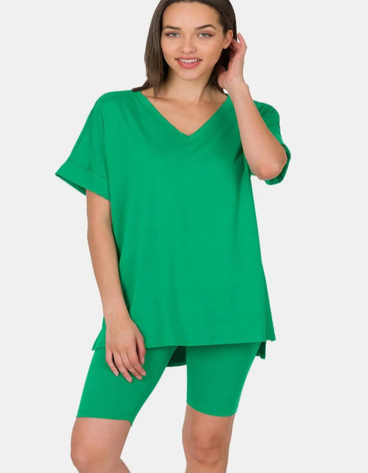 Zenana V-Neck Short Sleeve T-Shirt and Biker Shorts Set - MaribelaShop2