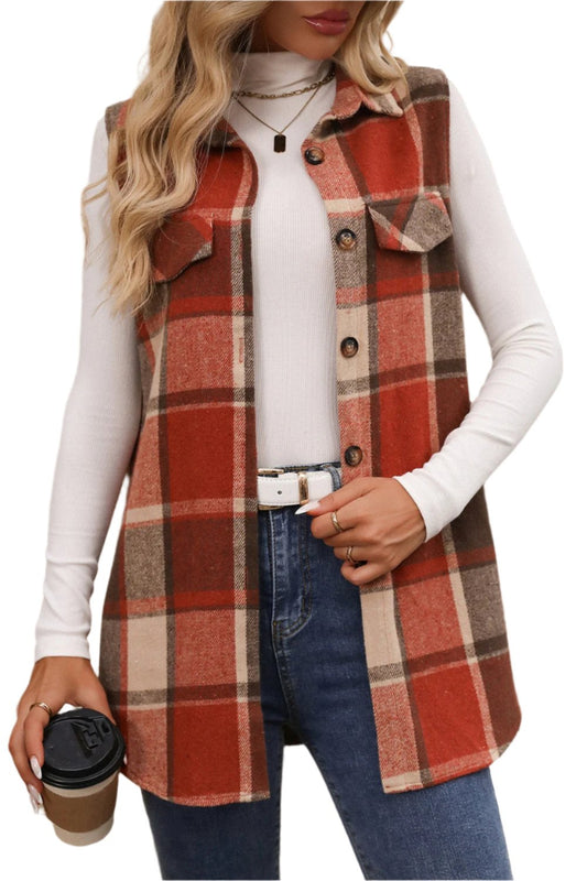 Women Plaid Button Up Vest Coat,Long Cardigan,Warm Vest - MaribelaShop2