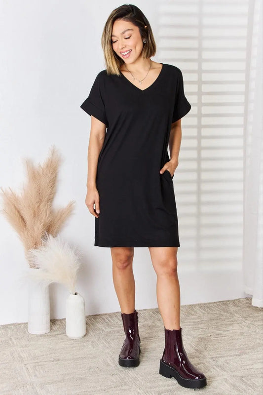 Zenana Full Size Rolled Short Sleeve V-Neck Dress - MaribelaShop2