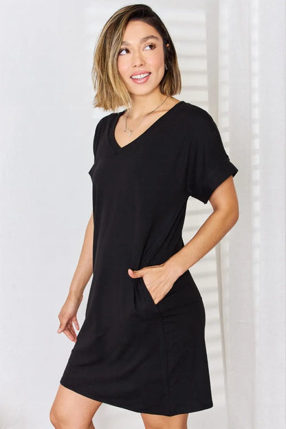 Zenana Full Size Rolled Short Sleeve V-Neck Dress - MaribelaShop2