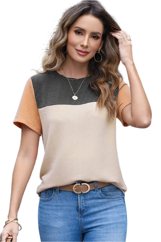 Women Color Block Fashion Short Sleeve Crewneck Knitted Spring Summer Casual Loose T Shirt Top,Short Sleeve T-Shirt - MaribelaShop2