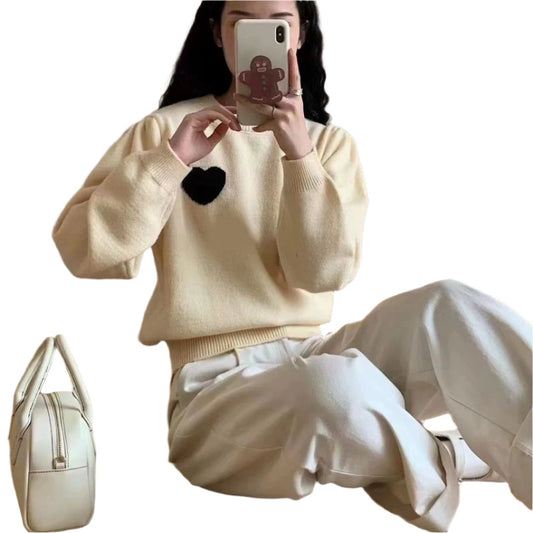 Women Sweater,Korean Style Heart Embroidered Round Neck Sweater - MaribelaShop2