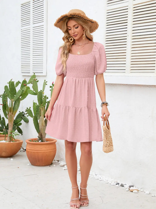 Swiss Dot Smocked Square Neck Dress, Women dress for summer. - MaribelaShop2