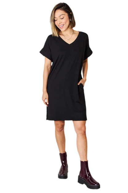 Zenana Full Size Rolled Short Sleeve V-Neck Dress - MaribelaShop2