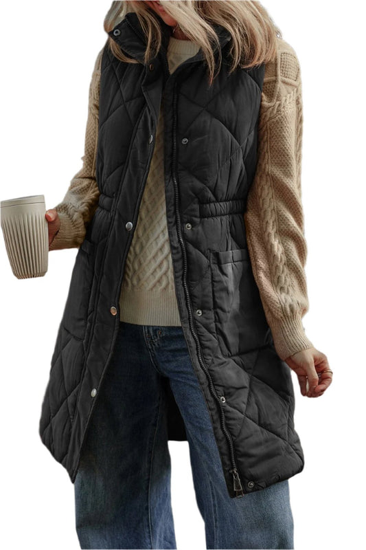 Women Pocketed Zipper and Button Vest Coat - MaribelaShop2
