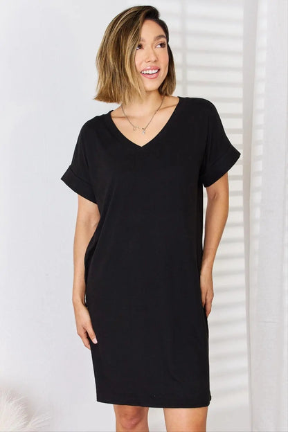 Zenana Full Size Rolled Short Sleeve V-Neck Dress - MaribelaShop2