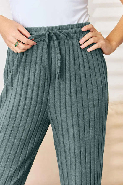 Basic Bae Full Size Ribbed Drawstring Hooded Top and Straight Pants Set - MaribelaShop2