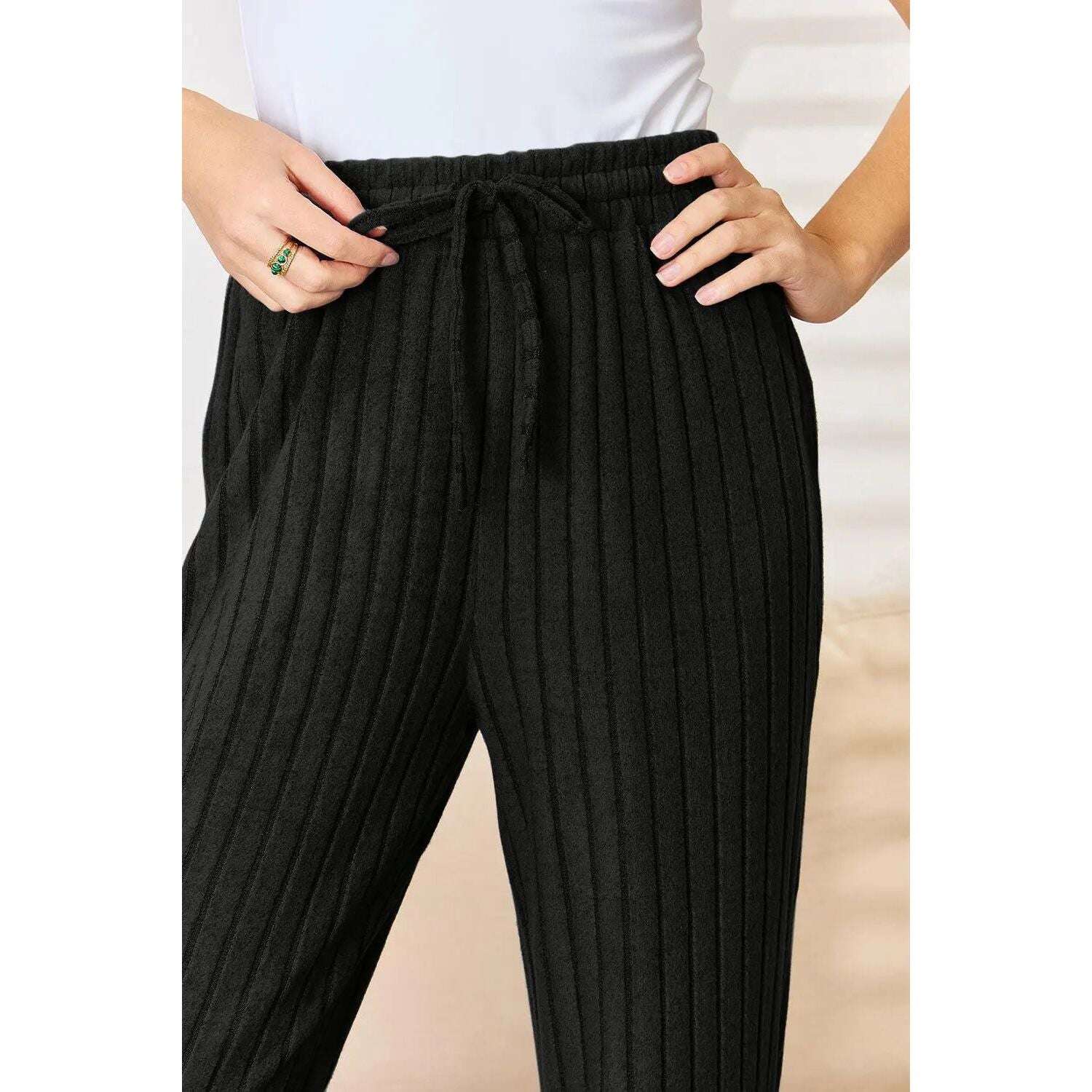 Basic Bae Full Size Ribbed Drawstring Hooded Top and Straight Pants Set - MaribelaShop2