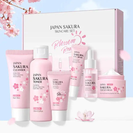 Cherry Blossom Skincare Set – 6pcs - MaribelaShop2 Rejuvenate your skin with this luxurious six-piece cherry blossom skincare set. Designed to cleanse, hydrate, and nourish, this set includes everything you need for a complete skincare routine. Infused with cherry blossom extract, it helps brighten the skin, leaving it soft, smooth, and refreshed.Product information:Category Facial Care Suit