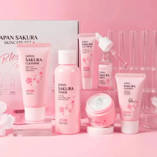 Cherry Blossom Skincare Set – 6pcs - MaribelaShop2 Rejuvenate your skin with this luxurious six-piece cherry blossom skincare set. Designed to cleanse, hydrate, and nourish, this set includes everything you need for a complete skincare routine. Infused with cherry blossom extract, it helps brighten the skin, leaving it soft, smooth, and refreshed.Product information:Category Facial Care Suit