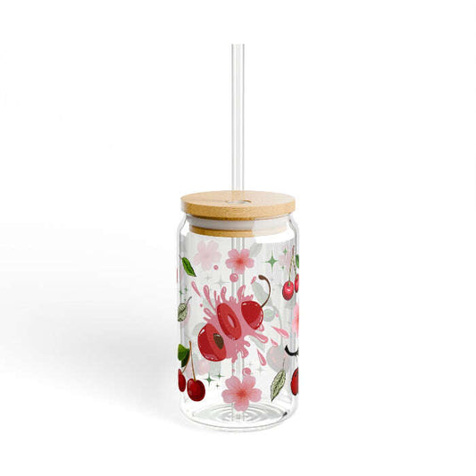 Cute Cherries Personalized 16oz Sipper Glass Can – Optional Lid & Straw Maribelashop2