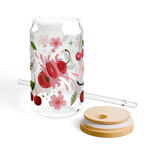 Cute Cherries Personalized 16oz Sipper Glass Can – Optional Lid & Straw Maribelashop2