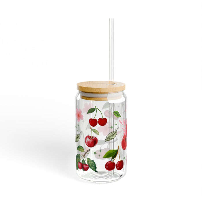 Cute Cherries Personalized 16oz Sipper Glass Can – Optional Lid & Straw Maribelashop2