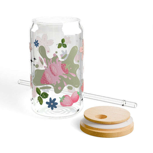 Cute Strawberry Glass Sipper with Bamboo Lid – 16oz Maribelashop2