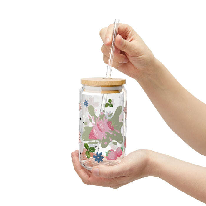 Cute Strawberry Glass Sipper with Bamboo Lid – 16oz Maribelashop2