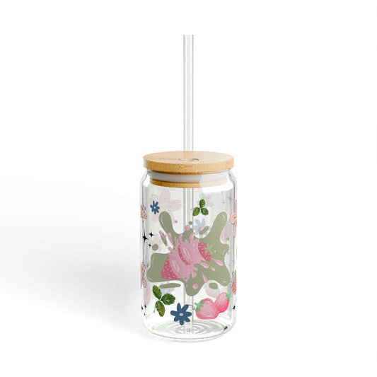 Cute Strawberry Glass Sipper with Bamboo Lid – 16oz Maribelashop2