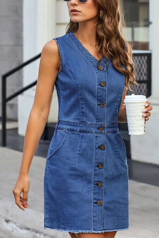 Dress Full Size Button Up V-Neck Sleeveless Denim Dress - MaribelaShop2