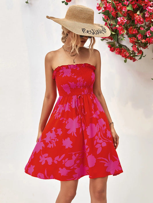 Women Dress Floral Frill Trim Strapless Smocked Dress - MaribelaShop2