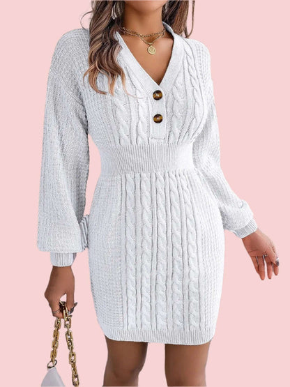 Fashion Women Dress, Buttoned Cable-Knit V-Neck Sweater Dress,Women Dress Wedding - MaribelaShop2