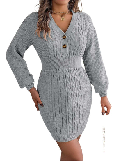 Fashion Women Dress, Buttoned Cable-Knit V-Neck Sweater Dress,Women Dress Wedding - MaribelaShop2