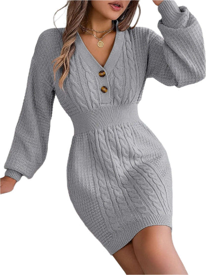 Fashion Women Dress, Buttoned Cable-Knit V-Neck Sweater Dress,Women Dress Wedding - MaribelaShop2