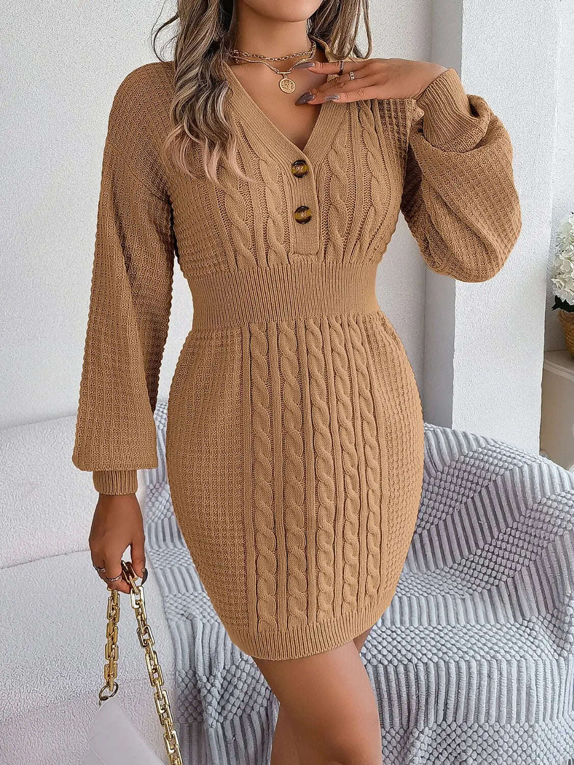 Fashion Women Dress, Buttoned Cable-Knit V-Neck Sweater Dress,Women Dress Wedding - MaribelaShop2