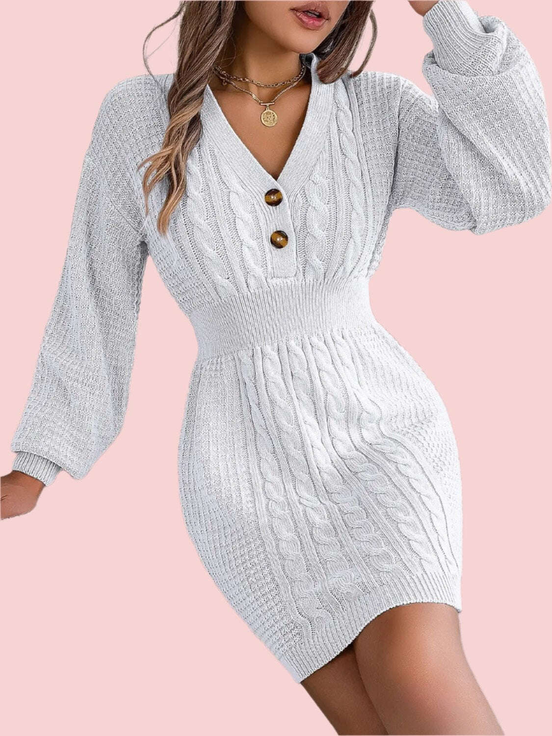 Fashion Women Dress, Buttoned Cable-Knit V-Neck Sweater Dress,Women Dress Wedding - MaribelaShop2