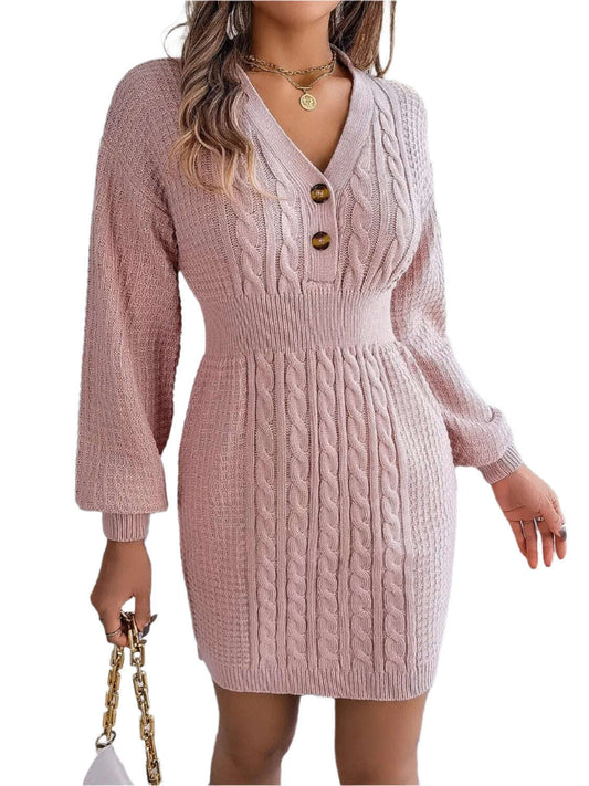 Fashion Women Dress, Buttoned Cable-Knit V-Neck Sweater Dress,Women Dress Wedding - MaribelaShop2