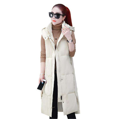 Long over-the-knee down cotton vest with thick solid color plus size vest with hood - MaribelaShop2