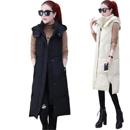 Long over-the-knee down cotton vest with thick solid color plus size vest with hood - MaribelaShop2