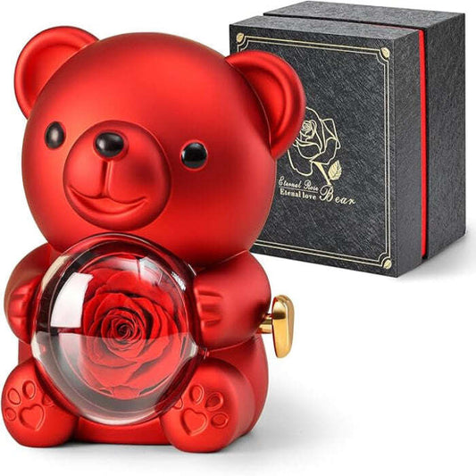 Romantic Teddy Red Bear With Preserved Rose Real Rose in Elegant Box - MaribelaShop2 This beautifully crafted jewelry box features a delightful bear design that rotates, revealing a compartment adorned with exquisite roses. Perfect for storing small treasures or as a decorative keepsake, this box makes an ideal gift for special occasions like birthdays, anniversaries, or Valentine’s Day. Its compact design and intricate details ensure it’s a standout piece that brings joy and elegance to any space.(Zdr)
