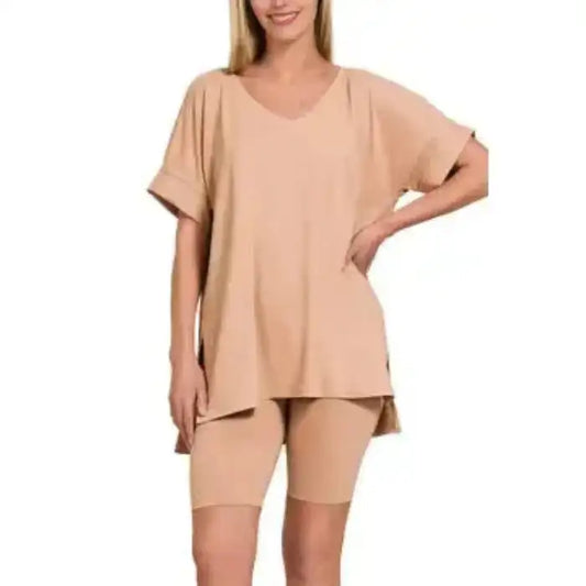 Women Brushed Dty, Microfiber Top & Biker Shorts Set, Color DK BRUSH - MaribelaShop2