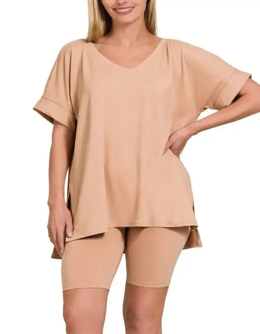 Women Brushed Dty, Microfiber Top & Biker Shorts Set, Color DK BRUSH - MaribelaShop2