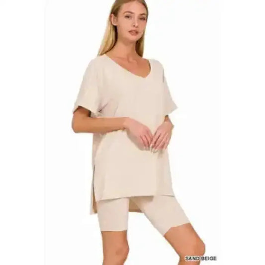 Women Brushed Dty, Microfiber Top & Biker Shorts Set, Color SAND BEIGE - MaribelaShop2