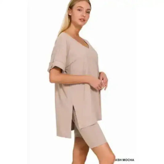 Women Brushed Dty, Microfiber Top & Biker Shorts Set, Color SAND BEIGE - MaribelaShop2