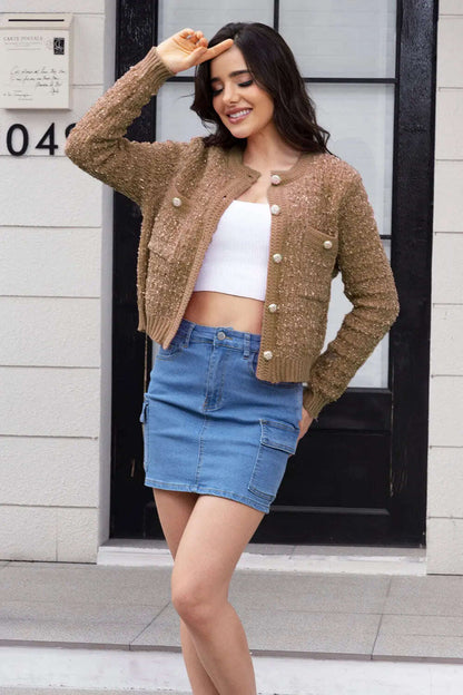 Women Cardigan Elegant Style, Perfect Gift For Wife, Gift For Sister, Button Up Round Neck Cardigan - MaribelaShop2