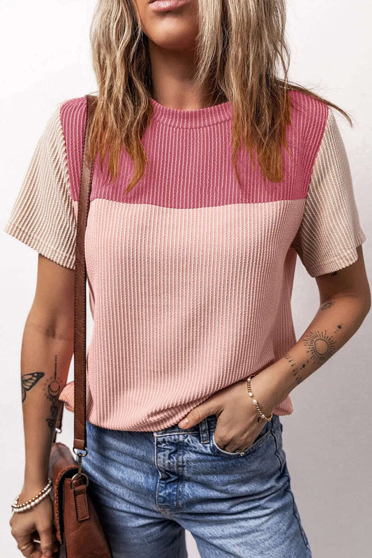Women Color Block Fashion Short Sleeve Crewneck Knitted Spring Summer Casual Loose T Shirt Top,Short Sleeve T-Shirt - MaribelaShop2