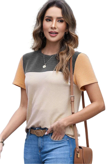 Women Color Block Fashion Short Sleeve Crewneck Knitted Spring Summer Casual Loose T Shirt Top,Short Sleeve T-Shirt - MaribelaShop2