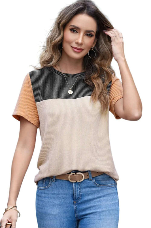 Women Color Block Fashion Short Sleeve Crewneck Knitted Spring Summer Casual Loose T Shirt Top,Short Sleeve T-Shirt - MaribelaShop2