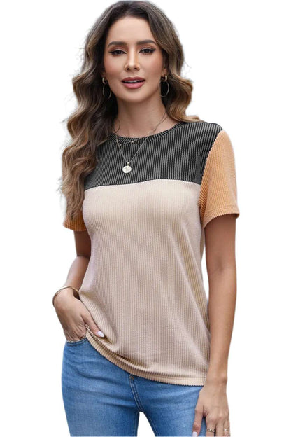 Women Color Block Fashion Short Sleeve Crewneck Knitted Spring Summer Casual Loose T Shirt Top,Short Sleeve T-Shirt - MaribelaShop2