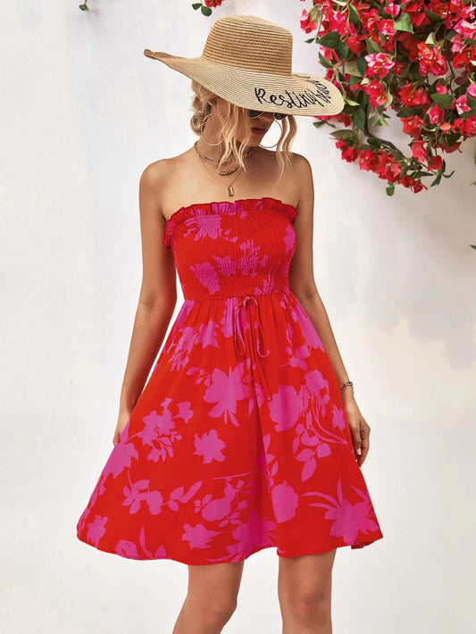 Women Dress Floral Frill Trim Strapless Smocked Dress - MaribelaShop2