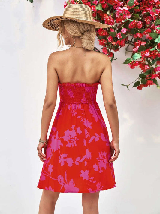 Women Dress Floral Frill Trim Strapless Smocked Dress - MaribelaShop2