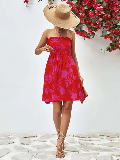 Women Dress Floral Frill Trim Strapless Smocked Dress - MaribelaShop2