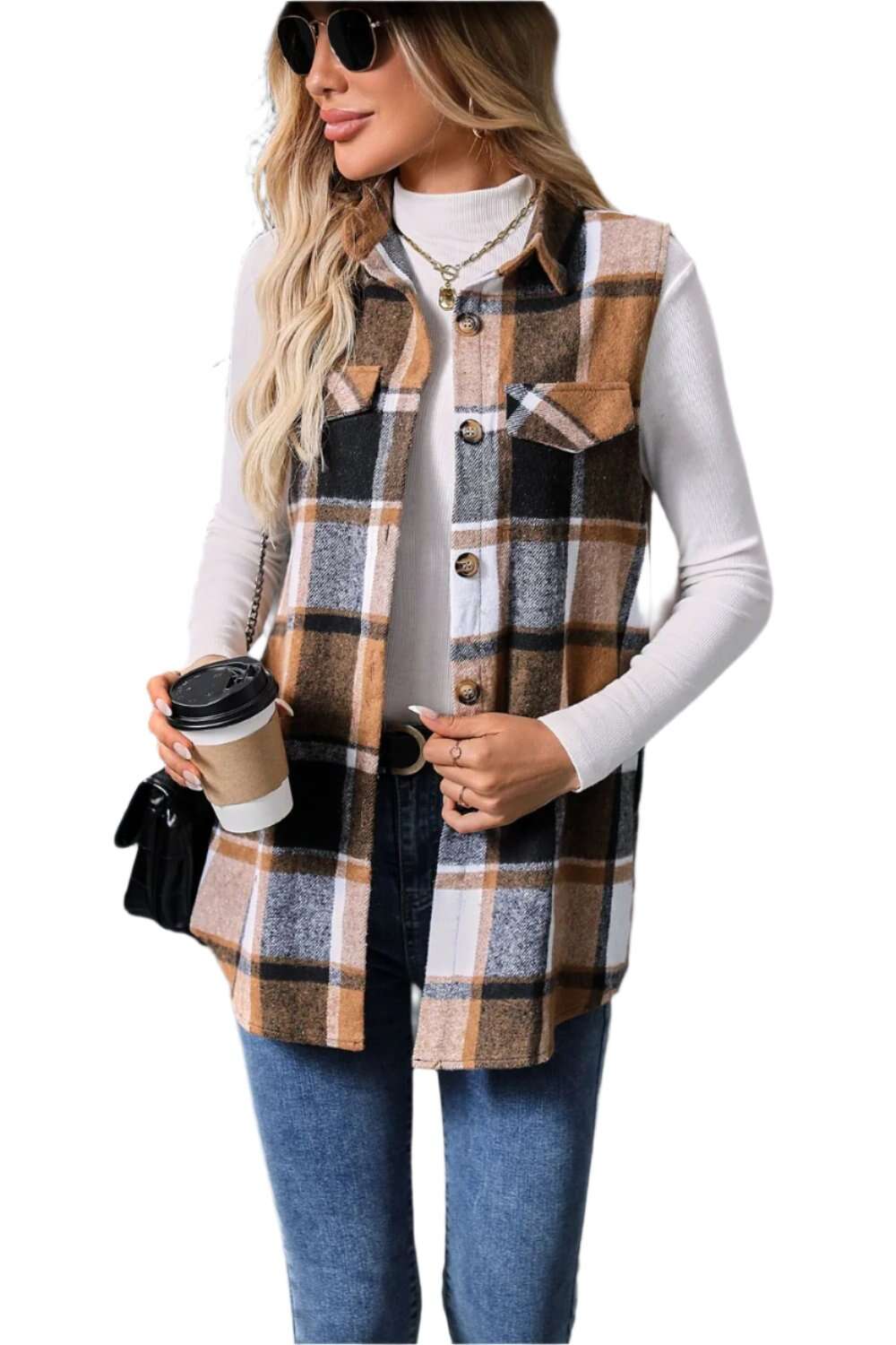 Women Plaid Button Up Vest Coat,Long Cardigan,Warm Vest - MaribelaShop2